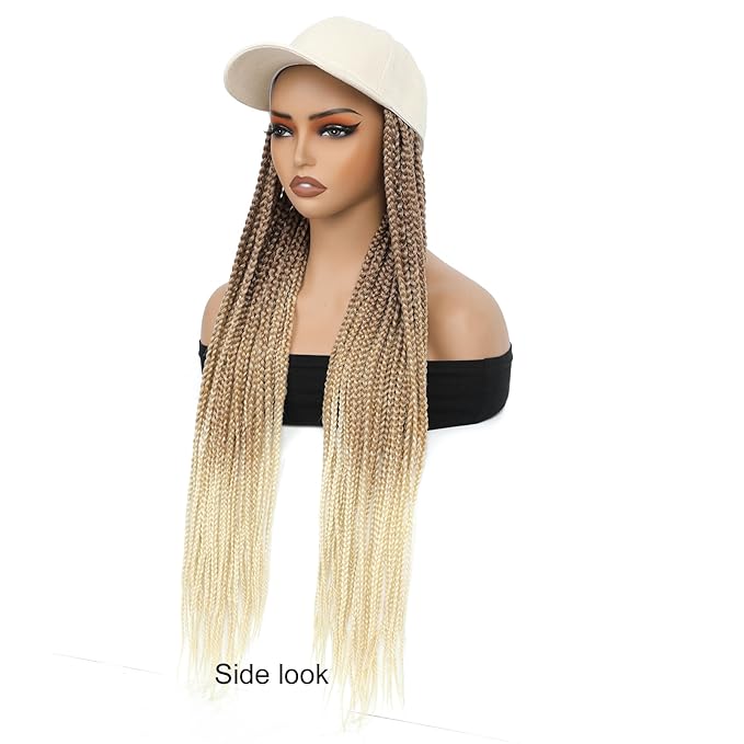 Hat Wig for Women Baseball Cap with Blonde Braided Hair Attached 24inch long Synthetic Box Braid Wig Adjustable Beige Cap with ombre brown blonde light blonde Braids for Daily Outdoor Halloween Use