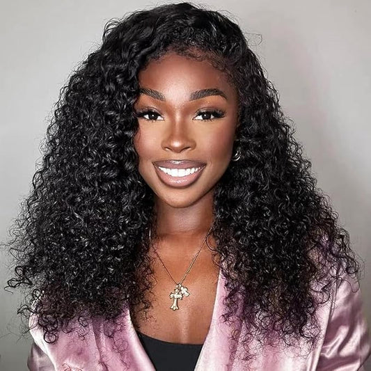 Deep Wave Human Hair Half Wig 200 Density Invisible Hairline 3 In 1 360 Drawstring Glueless Human Hair Wig Ready to Wear and Go Beginner Friendly Natural Color 18 Inch