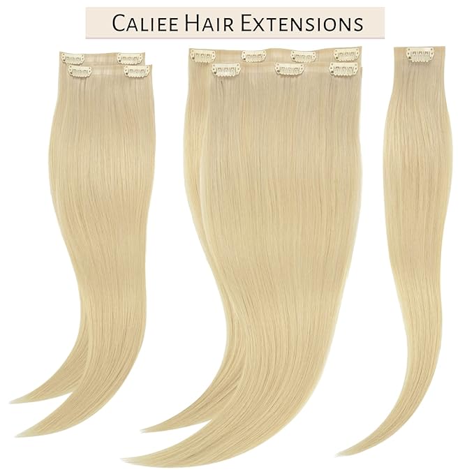 Caliee Platinum Blonde Clip-in Hair Extensions 60A 22Inch 110G Full Head Seamless Real Human Hair Extensions 7Pcs Fluffy Not Tangled Thick Clip-on Extensions Natural Hair for Women