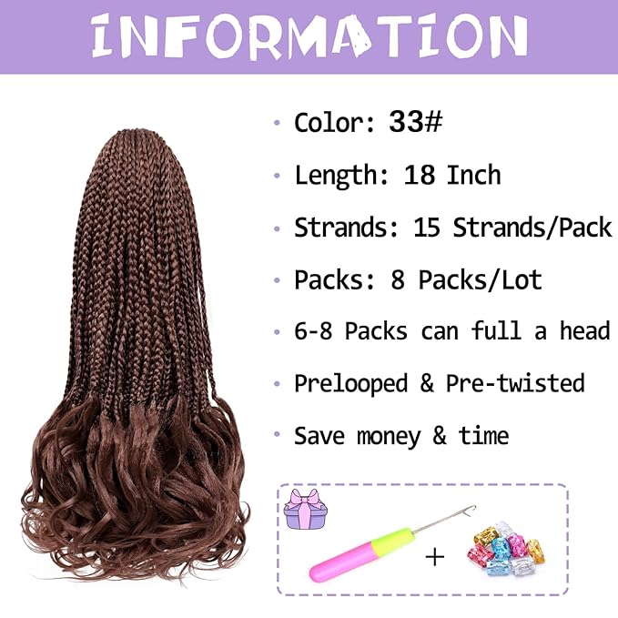 French Curly Braiding Hair Prelooped 18 Inch Dark Auburn Crochet Hair for Women 8 Packs Short Crochet Braids with Curly Ends Synthetic Hair Extension 33#