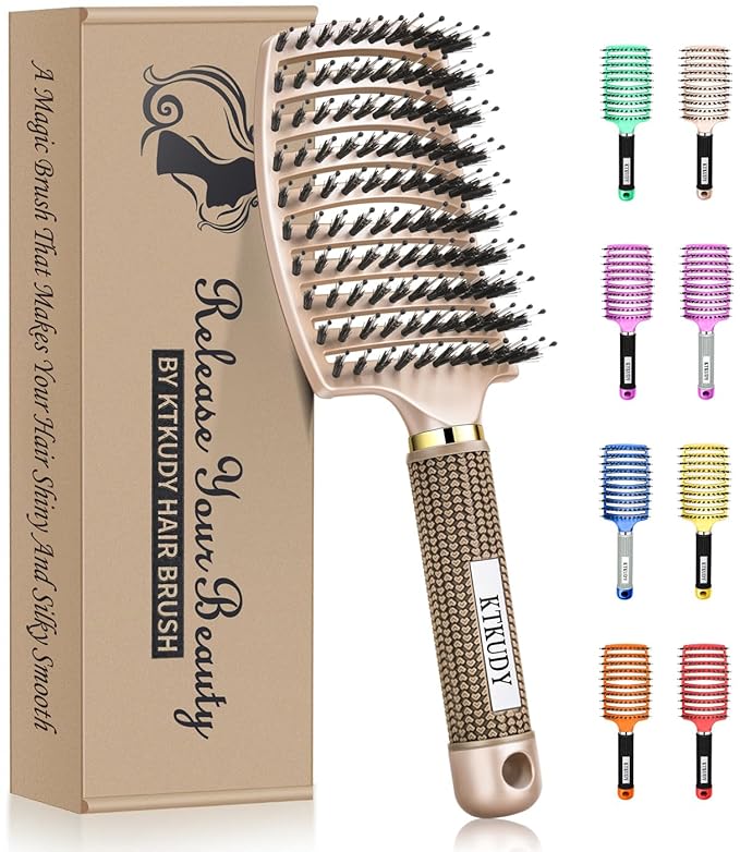 KTKUDY Detangling Brush Getting Knots Out without Pain - Boar Bristles Hairbrush Make Hair Shiny & Healthier Vented Detangler Brush for Women Men Kids Wet and Dry Hair (Gold)