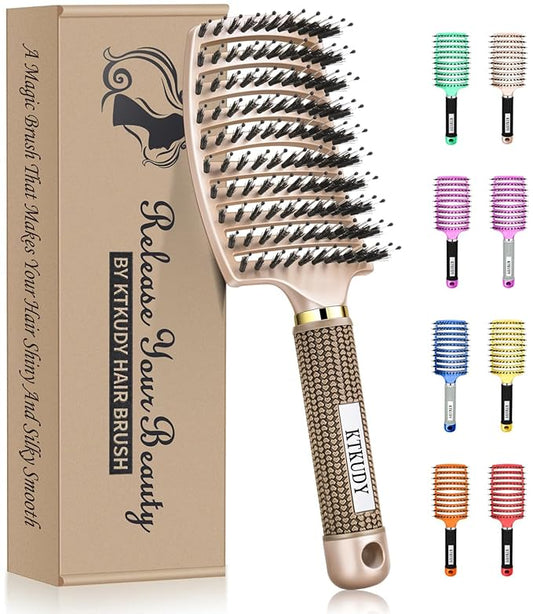KTKUDY Detangling Brush Getting Knots Out without Pain - Boar Bristles Hairbrush Make Hair Shiny & Healthier Vented Detangler Brush for Women Men Kids Wet and Dry Hair (Gold)