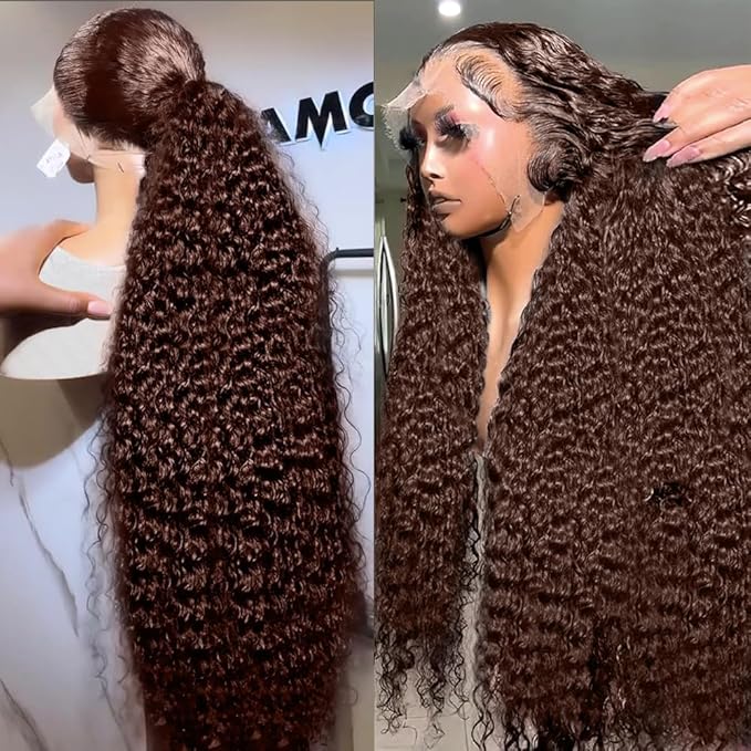 13x6 Deep Wave Lace Front Wigs Human Hair Chocolate Brown Deep Curly Human Hair Wig for Women 220% Density HD Lace Front Wet and Wavy Wigs Pre Plucked Brazilian Virgin Hair 28inch