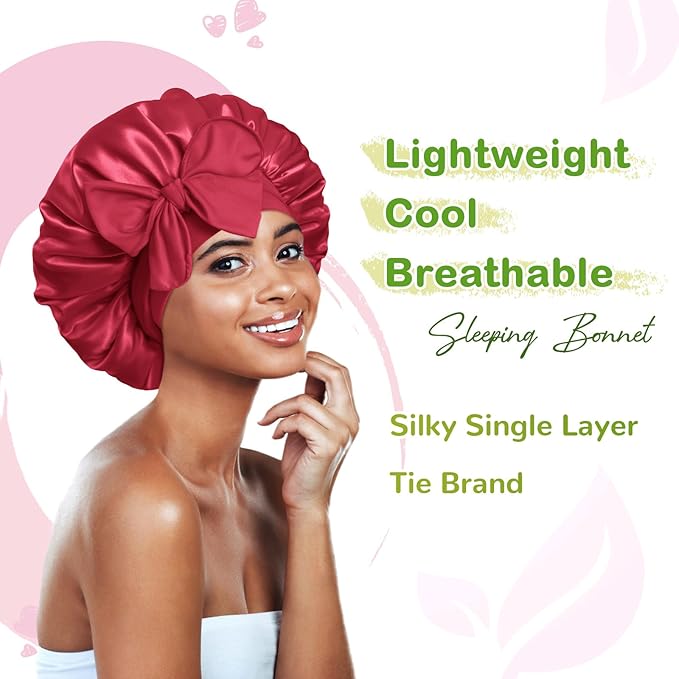 BONNET QUEEN Satin Bonnet Silk Bonnet for Sleeping Women Hair Bonnet Night Sleep Cap Scarf Wrap for Curly Hair with Tie Band Red Burgundy