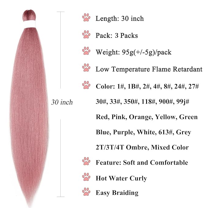 Pink Braiding Hair Extensions For Braids Magenta Pink Braiding Hair Pre Stretched 26 Inch, Hot Water Set Yaki Synthetic Hypoallergenic Pre Stretched Braiding Hair Bundles