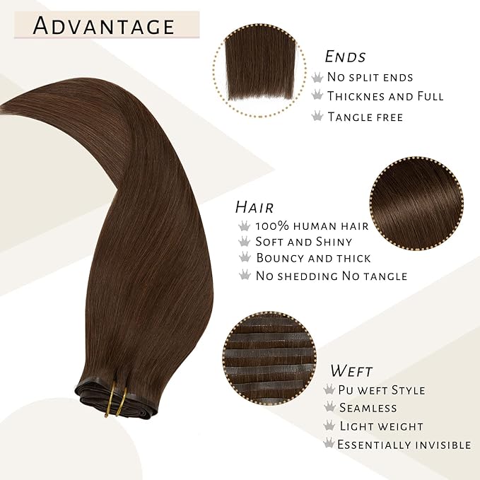 Caliee Chocolate Brown Clip in Hair Extensions Real Human Hair 7Pcs 16Inch 110G Seamless Clip in Hair Extensions Virgin Human Hair Thick Soft Silky Straight