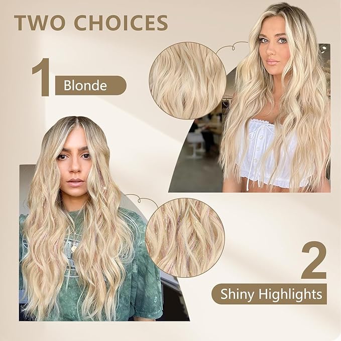ALXNAN Clip in Hair Extensions, Long Wavy Blonde Hair, 24 Inch 4PCS Thick Fiber Double Weft Hairpieces