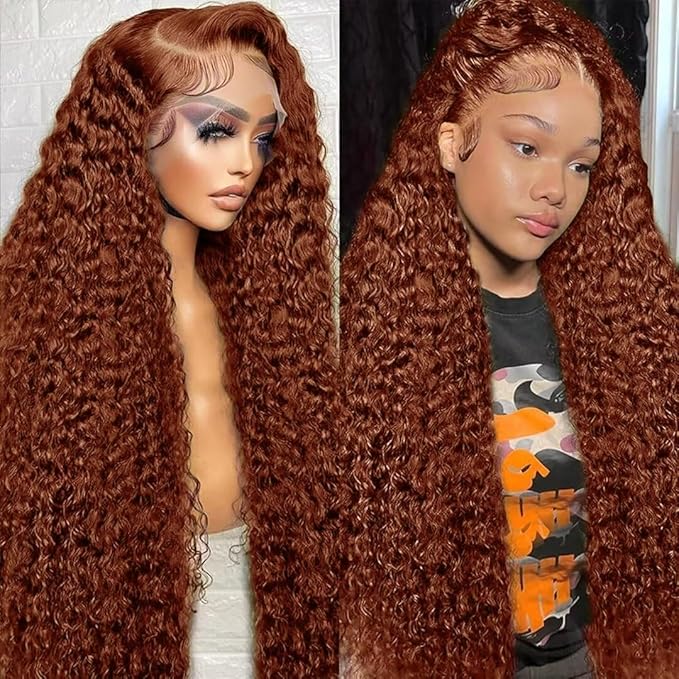 MEGOOD 13x4 Deep Wave Reddish Brown Lace Front Wigs Human Hair Reddish Brown Curly Human Hair Wig 200 Density 33# 13x4 HD Lace Frontal Wigs Human Hair Pre Plucked For Women Brown Wig 24 Inch