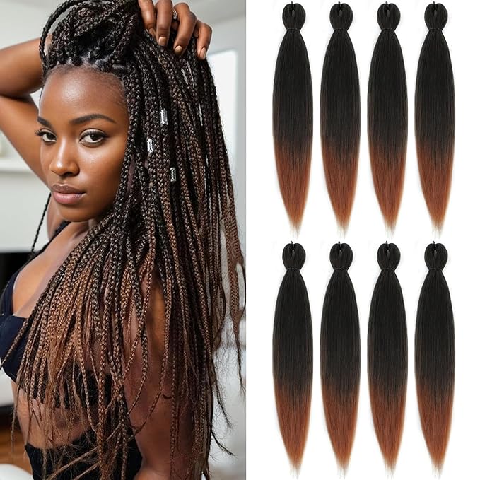 Pre-stretched Braiding Hair - 26 Inch 8 Packs Ombre Brown Braiding Hair For Twist or Box Braids, Yaki Texture Hot Water Setting Synthetic Long Braiding Hair Extensions (26 Inch, T30-8P)