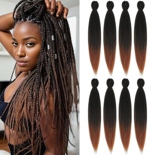 Pre-stretched Braiding Hair - 28 Inch 8 Packs Ombre Brown Braiding Hair For Twist or Box Braids, Yaki Texture Hot Water Setting Synthetic Long Braiding Hair Extensions (28 Inch, T30-8P)