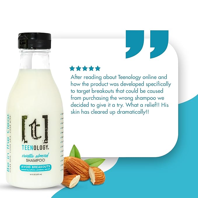 Teenology Teen Shampoo – Avoid Acne Breakouts, Non-Comedogenic, For Dry & Oily Scalps, Sulfate & Paraben Free, Natural Botanical Extracts, for Clear Skin & Healthy Hair, 16 oz – (Vanilla Almond)