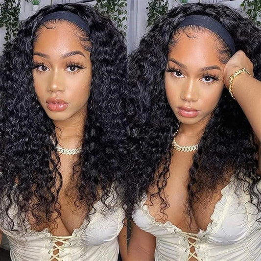 ISEE Hair Headband Human Hair Wigs 180% Density Water Wave Curly None Lace Front Wigs for Black Women Glueless Deep Wave Machine Made 20Inch