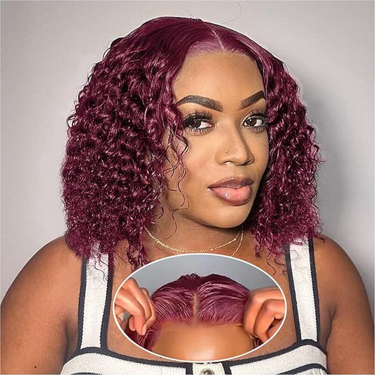 Curly Bob Wig Human Hair Deep Wave 200% Density 5x5 HD Lace Closure Wigs Human Hair Bob Wigs For Black Women Wear And Go Glueless Curly Wig Burgundy Color 12 Inch