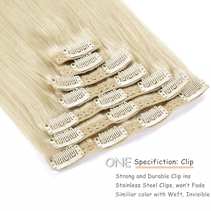 Caliee 16Inch Hair Extensions Human Hair Color 60A Platinum Blonde Silky Straight Clip in Extensions Invisible Double Weft for Women Full Head Seamless Hair Extensions 120G