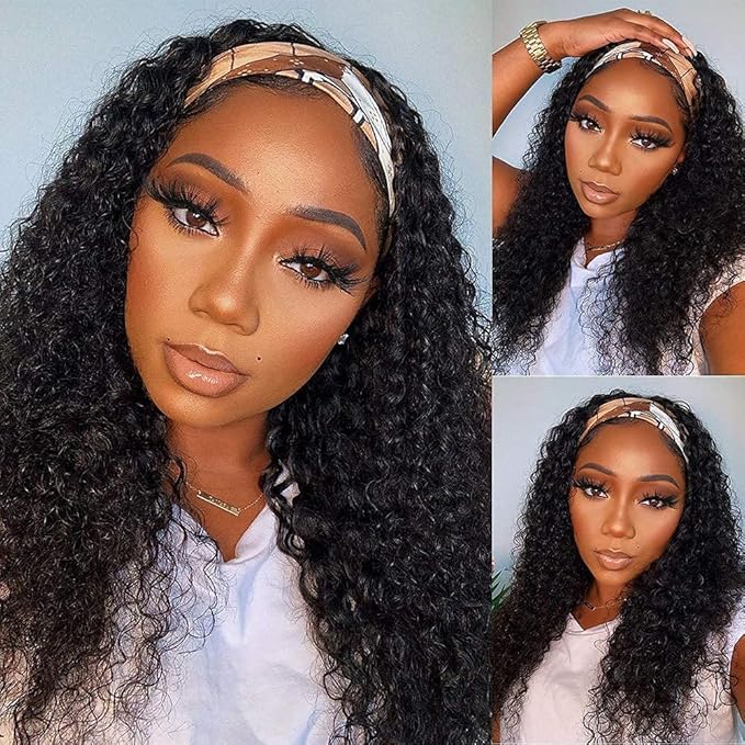 Aiterina Headband Wig Deep Wave Human Hair Virgin Hair Wigs 14 Inch None Lace Front Wigs for Black Women Deep Wave Machine Made Wig Natural Color