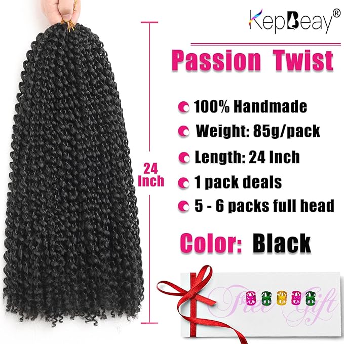 24 Inch Passion Twist Hair 1 Pack Water Wave Crochet Hair Natural Black Color Passion Twist Crochet Hair Synthetic Hair Extensions for Women (24 inch, 1Pack 1B）