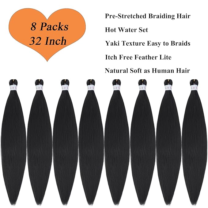 32 Inch 1b Black Pre Stretched Braiding Hair Long Braids Weave Pre Braided Hair for Crochet Braiding Synthetic Knotless Hypoallergenic Yaki Jumbo Box Braids Extensions