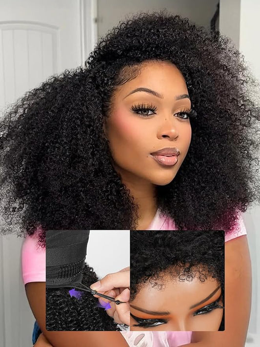 Kinky Curly Half Wig Human Hair Upgrade 4C Edge Hairline 200% Density Wear Go Glueless 3 In 1 Drawstring Seamless Flip Over Wig for Women Daily Wear Headband Wig Beginner Friendly (18 inch)