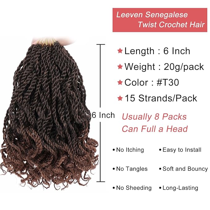 Leeven 6 Inch Senegalese Twist Crochet Hair with Curly Ends 8 Packs Ombre Brown Pre Looped Wavy Hanava Twist 2 Strand Short Twist Hair Synthetic Crochet Braids for Women Girl Kids #T30