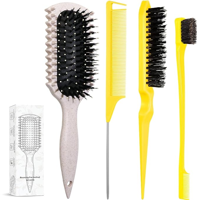 Curl Defining Brush, Curly Hair Brush Products With 3 Pcs Slick Back Hair Brush Set Bristle Brush Edge Control Teasing Comb for women (Beige)
