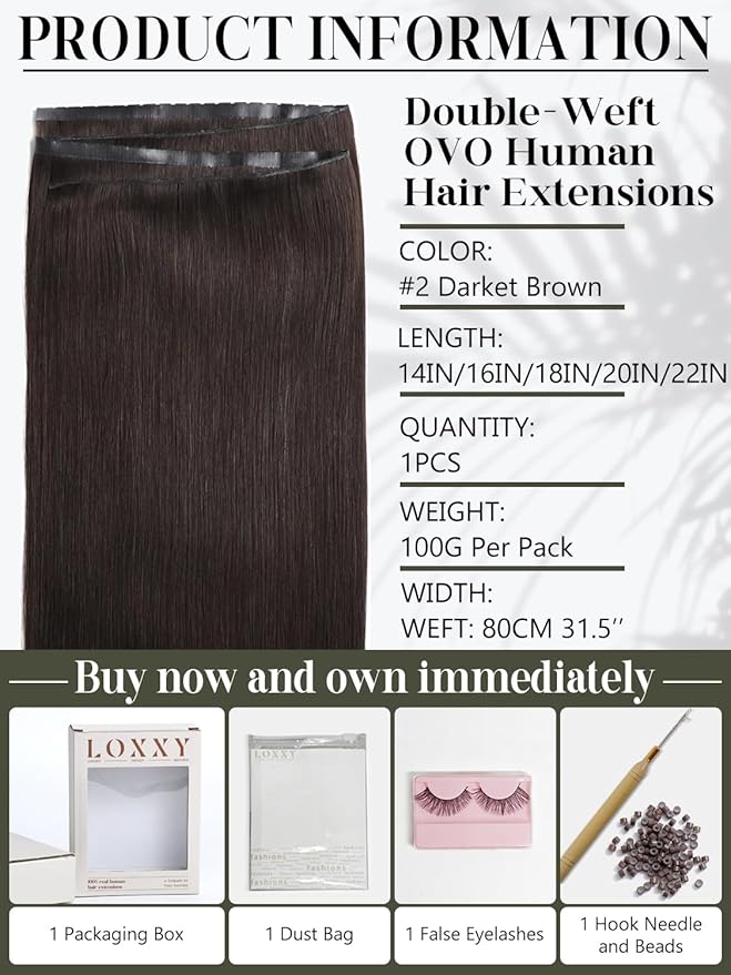 LOXXY Double Weft Invisible PU OVO Human Hair Extensions - Seamless Darkest Brown Straight Butterfly Weft Hair Extensions - 22 Inch 100g Glueless Micro Beads Real Human Remy Hair, Weft Width 31.5"