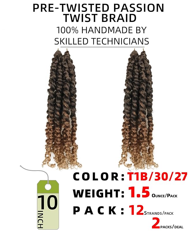 10 Inches 2 Packs Passion Twist Crochet Hair for Black Women and Kids-3 Tones Ombre Black to Brown Blonde, Pre Looped Pretwisted Crochet Hair,Soft Lightweight Hair Extension(10"-2 Packs,T1B/30/27)