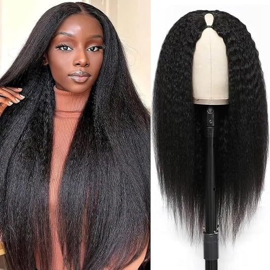 Larhali Kinky Straight V Part Wig Human Hair with Drawstring 200% Density Upgrade Glueless U Part Wig No Leave Out No Sew In V Part Wigs Kinky Straight Human Hair Wigs 30 Inch