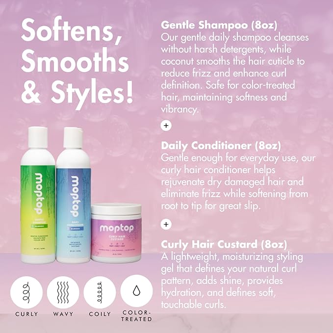 MopTop Curly Hair Routine, Gentle Shampoo + Daily Conditioner + Styling Gel for Wavy and Coily Tresses, Color Safe, Moisturizing Women's Hair Care