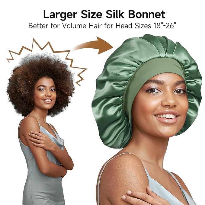 22 Momme 100% Real Mulberry Silk Bonnet for Sleeping Women, Large Hair Care Bonnet for Long Curly Hair, Double Layer Silk Wrap with Soft Elastic Band, Non-Slip Sleep Cap, Green