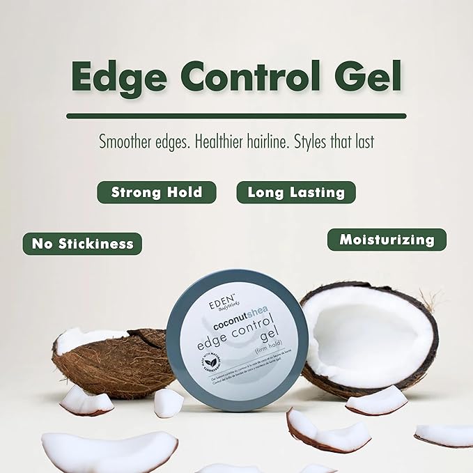EDEN BodyWorks Coconut Shea Edge Control Gel | Strong Hold Edge Tamer for Curly Hair Styling | Flake-Free, Non-Greasy Formula | Moisturizes & Adds Shine | 6 oz