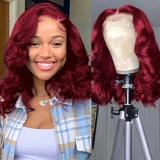 99j Burgundy Lace Front Wigs Human Hair 13x4 Bob Wig Human Hair Pre Plucked 200 Density HD Transparent Body Wave Lace Front Wigs Human Hair Red Colored Short Bob Wig for Women with Baby Hair 10inch