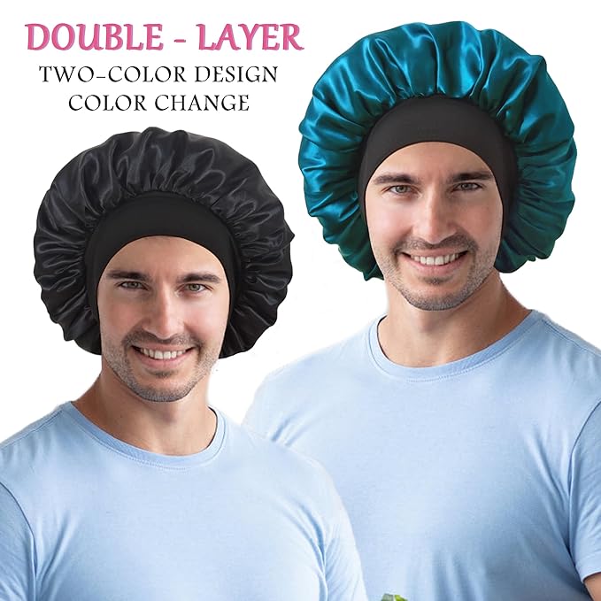 2pcs Bonnet for Men, Bonnets for Women, Satin Silk Hair Bonnet for Sleeping, Reversible Double Layer Wide Band Sleep Cap for Curly Hair Braids