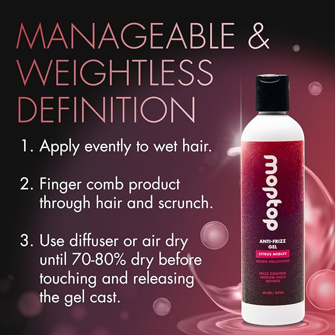 MopTop Salon Anti Frizz Hair Gel – Salon Quality Curl Defining Gel to Enhance Wavy, Curly and Kinky-Coily Hair, Medium Hold, For Frizz Control, with Aloe, Sea Botanicals & Honey (Citrus Medley, 32oz)