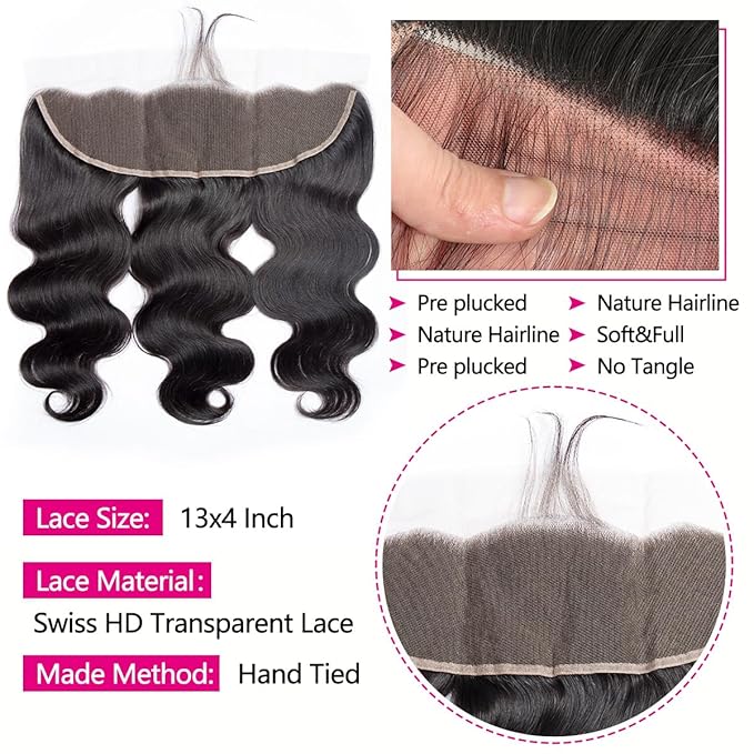 12A Human Hair Bundles with Frontal 22 24 26 with 20 Inch Brazilian Body Wave 3 Bundles Human Hair with 13x4 HD Lace Frontal Closure 100% Unprocessed Virgin Human Hair Weave