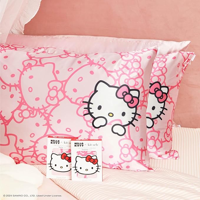 Kitsch x Hello Kitty Pillow Case – Pink Kitty Faces Toddler Bed Time Satin Pillowcase with Zipper – Soft Cooling Pillow Cover for Hair & Skin – Better Than Silk Pillowcase - King Size 19x36