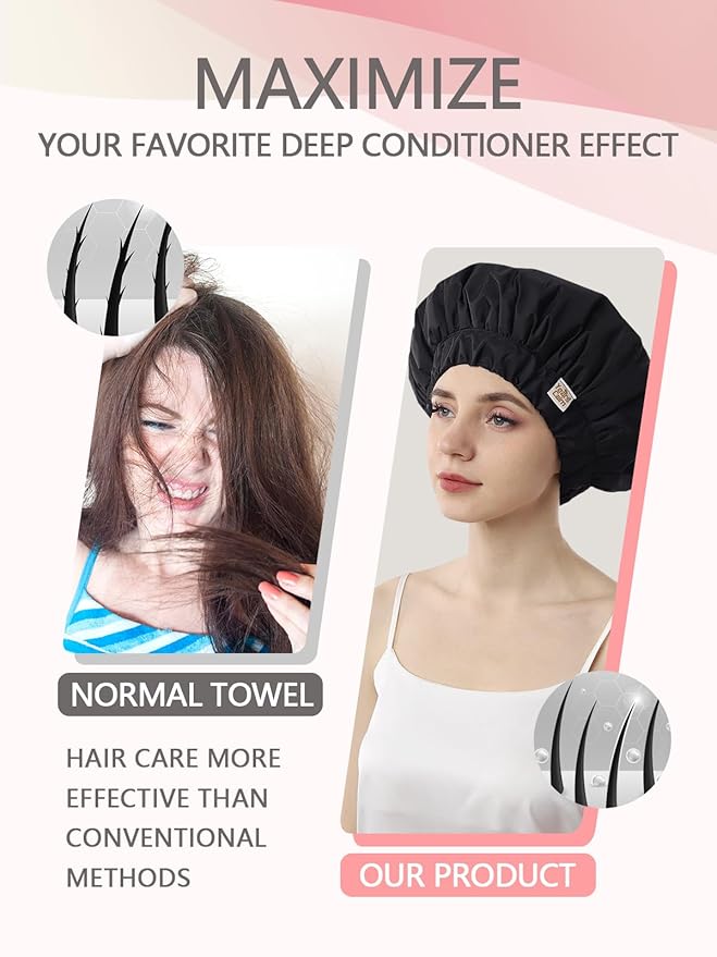 Years calm Heat Cap For Deep Conditioning Shower Cap，Reusable Three-Layer Structure Waterproof Hair Cap – Applicable Tofor Bathing, Hair Care, And Other Uses (Black, One Size)