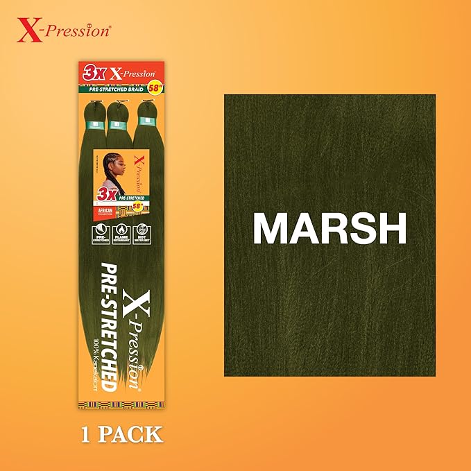 Sensationnel X-pression prestretched braiding hair - 3x braid 58 inch all kanekalon flame retardant synthetic braid for box braids and twists (1 pack, MARSH)