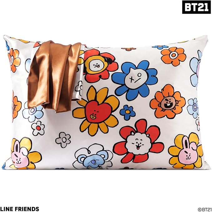 Kitsch x BT21 Satin Pillowcase with Zipper – Better Than Silk Pillowcase, Shooky Character & Funky Floral Print – Soft Cooling Toddler Bed Time Pillow Case for Hair & Skin – Queen/Standard 19x26