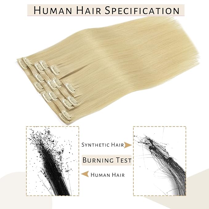 Caliee Clip in Hair Extensions Real Human Hair PU Weft Invisible Seamless Clip in Human Hair Extensions Color 60 Bleach Blonde 7PCS Long Straight Soft Silky Natural Hair Women 14Inch