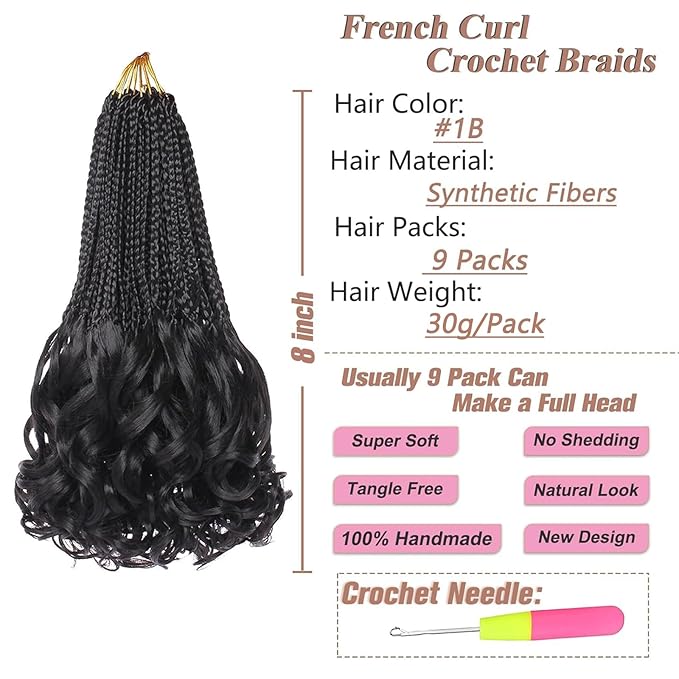 8 Inch French Curl Crochet Braids 9 Packs Black Goddess Box Braids Pre Looped Crochet Hair with Bouncy Curly Ends Synthetic French Curly Braiding Hair for Kids Girls Women