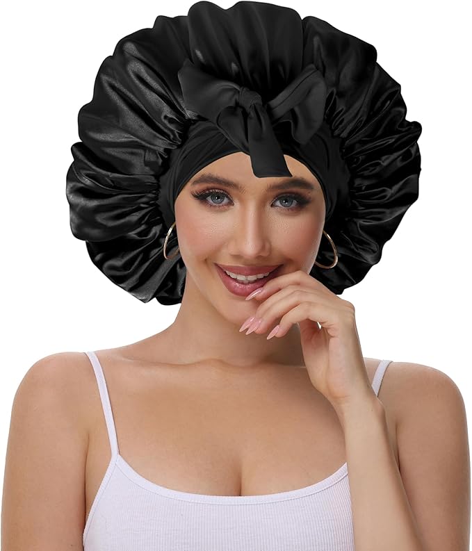 Double Layer Silk Bonnet with Tie Satin Lined Sleep Cap Hair Cover for Women's Curly Natural Hair
