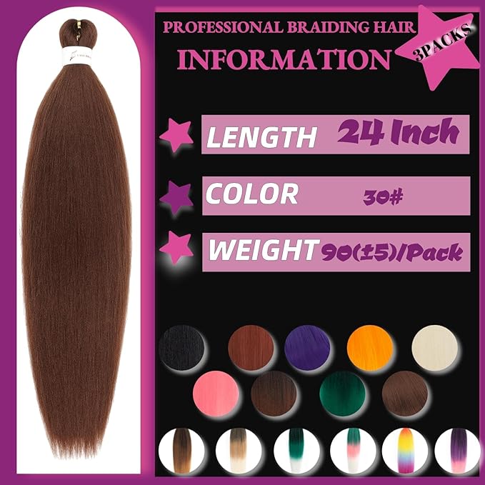 Pre-Stretched 24 Inch Hair Extension, 3 Packs, Braiding Hair, Synthetic, 30#, for Braids, Twists, and Locs