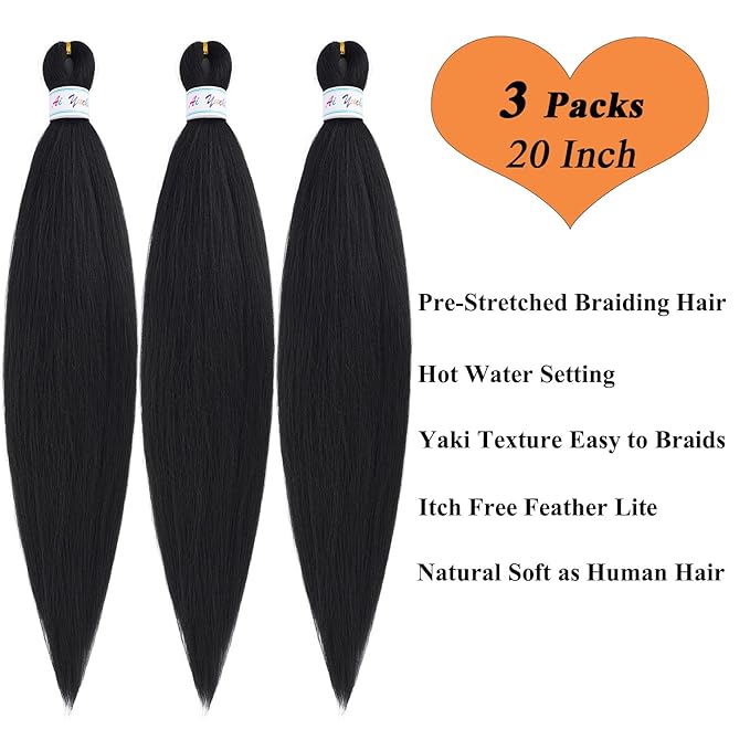 Kids Braiding Hair Pre Stretched 1b Black 20 Inch Hypoallergenic Knotless Non Toxic Prestretched Braiding Hair Plant Based Synthetic Braids Hair Extensions 3 Packs