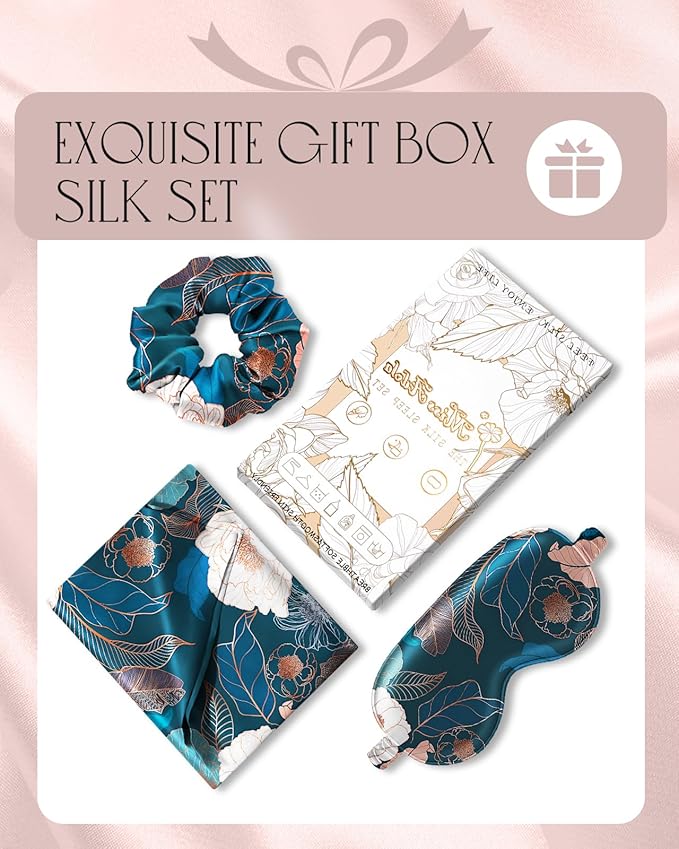 Mulberry Silk Pillow Case for Hair and Skin 19 Momme Standard 26"x20" Dark Blue Peony Silk Pillowcase with Eye Mask & Scrunchie Soft Silk Pillowcase Sleeping for Moms, Women