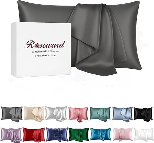 100% Mulberry Silk Pillowcase for Sleeping Women, 22 Momme Silk Pillow Cases for Hair and Face, Zipper Closure, Hypoallergenic Pillow Cases USA Made, 1 Pcs 20"x30" (Queen, Slate Grey)
