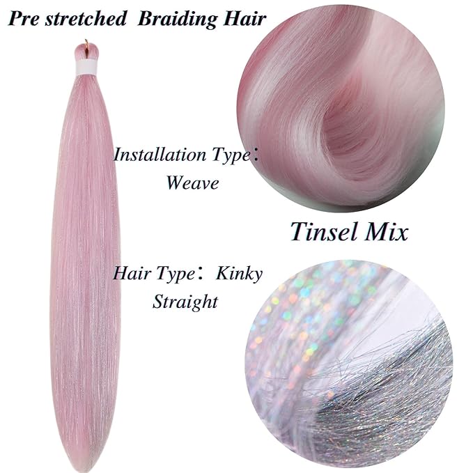Tinsel Braiding Hair Pre stretched Light Pink Braiding Hair for Glitter Braids Festival Braids Non Toxic Hypoallergenic