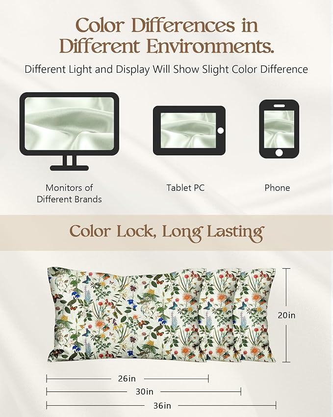 Silk Pillowcase 2 Pack - Pillow Cases 20" x 36" King Size Set of 2 for Hair and Skin Smooth Soft Breathable with Hidden Zipper Cooling Pillow Covers for Sleeping, Butterfly Plant