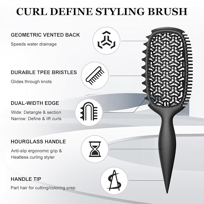 Curl Defining Brush for Thick Coily Hair, Firm-Bristle TPEE Detangling Brush for Coarse 4A–4C Curls, Dual-Sided Wide & Narrow Tooth Brush for Wet & Dry Curl Shaping– Women & Men (2054-Matte Black)