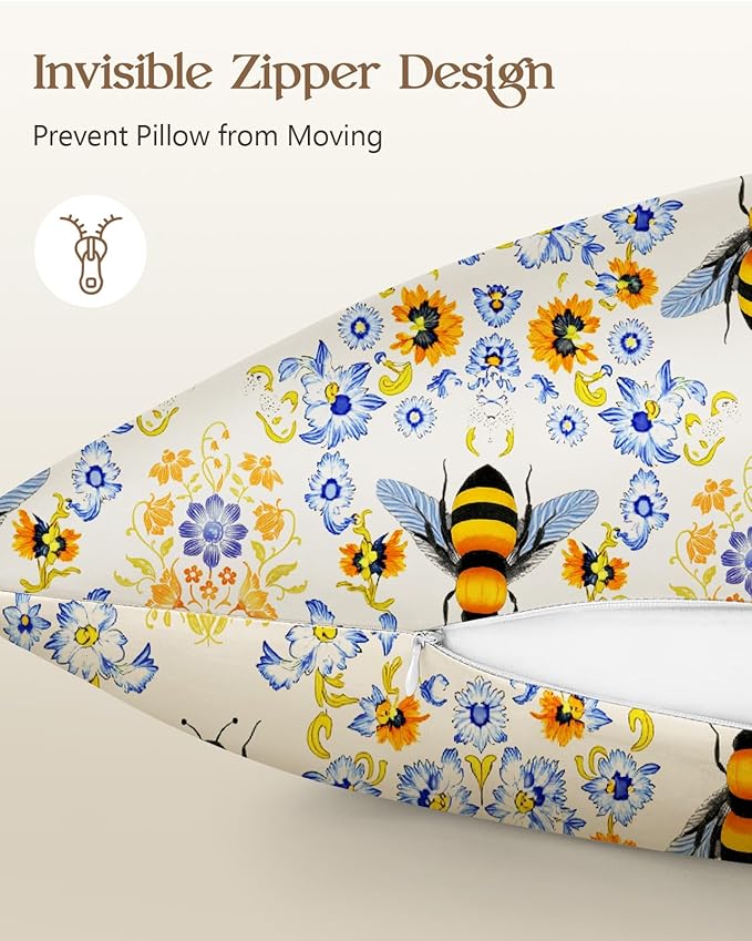 Silk Pillowcase 2 Pack - Pillow Cases 20" x 30" Queen Size Set of 2 for Hair and Skin Smooth Soft Breathable with Hidden Zipper Cooling Pillow Covers for Sleeping, Flower Bee