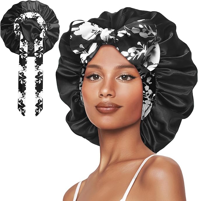 Double Layer Silk Bonnet with Tie Satin Lined Sleep Cap Hair Cover for Women's Curly Natural Hair